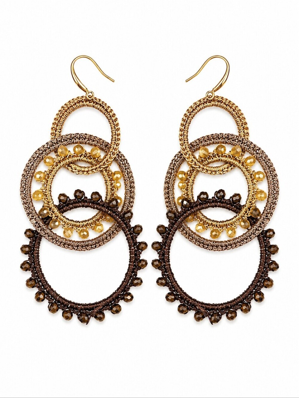 Interlocking Circle Hoops Macrame Crystal Beaded Festival Dangle Earrings